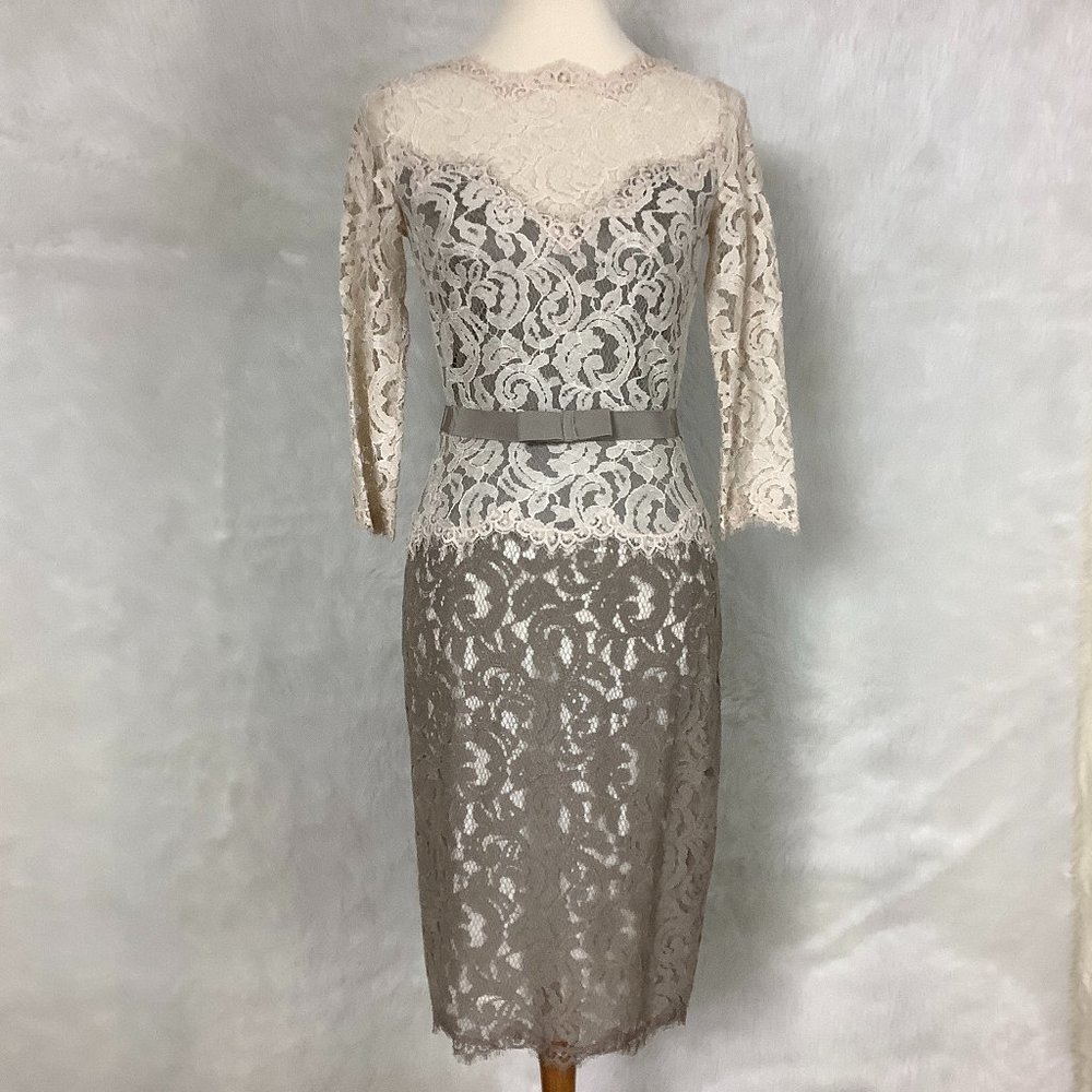 Tadashi Shoji Ivory & Gray Beige ¾ Sleeve Lace Dress Grosgrain Ribbon Dress 2